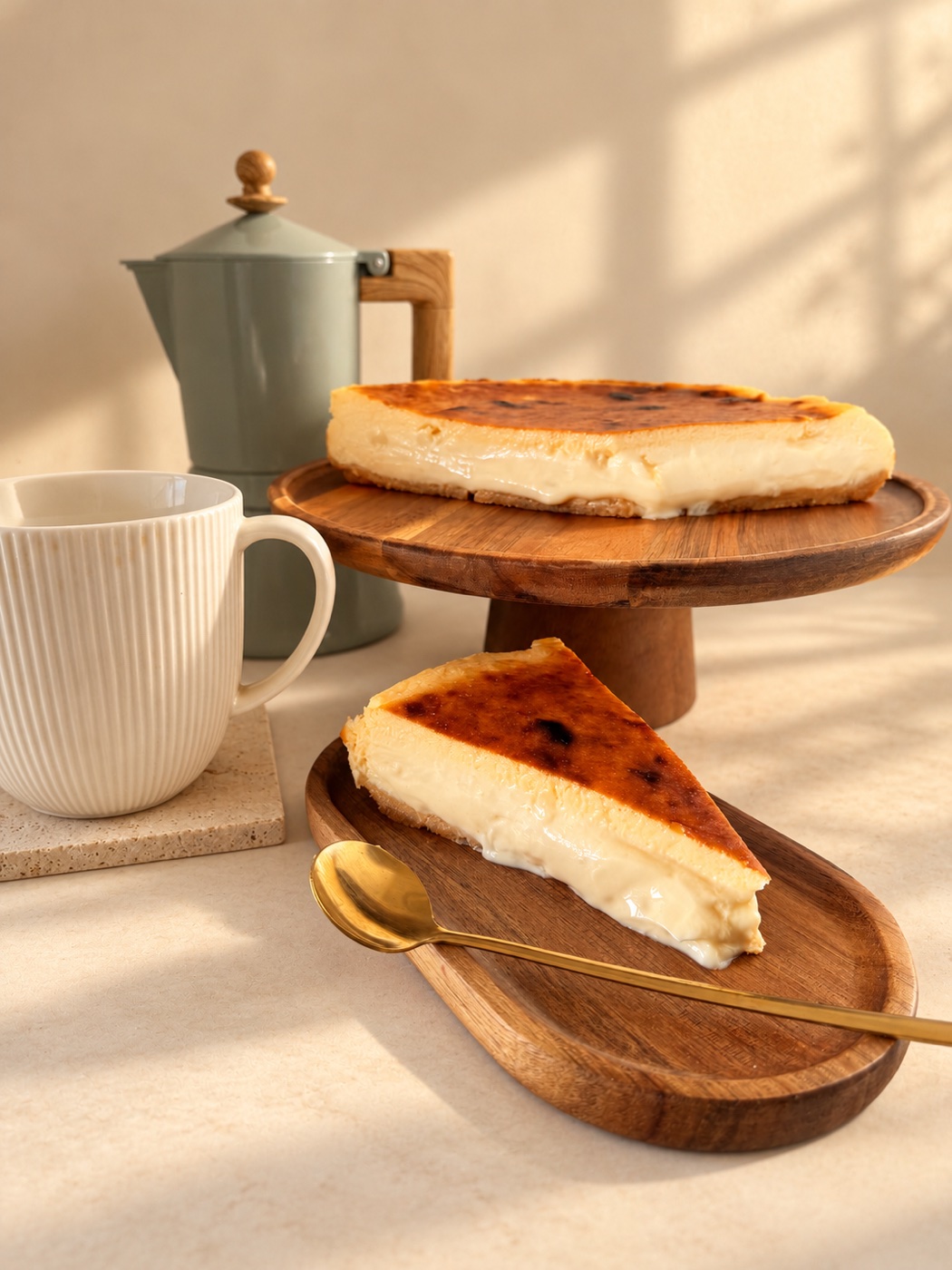 Tarta de queso real de Josefa Pinto y una porción con café sobre tablas de madera
